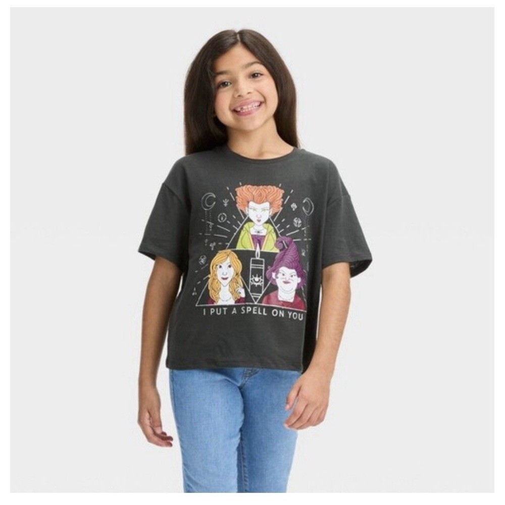 Hocus Pocus Girls Black Cropped Halloween Witch T-Shirt Size M 7-8